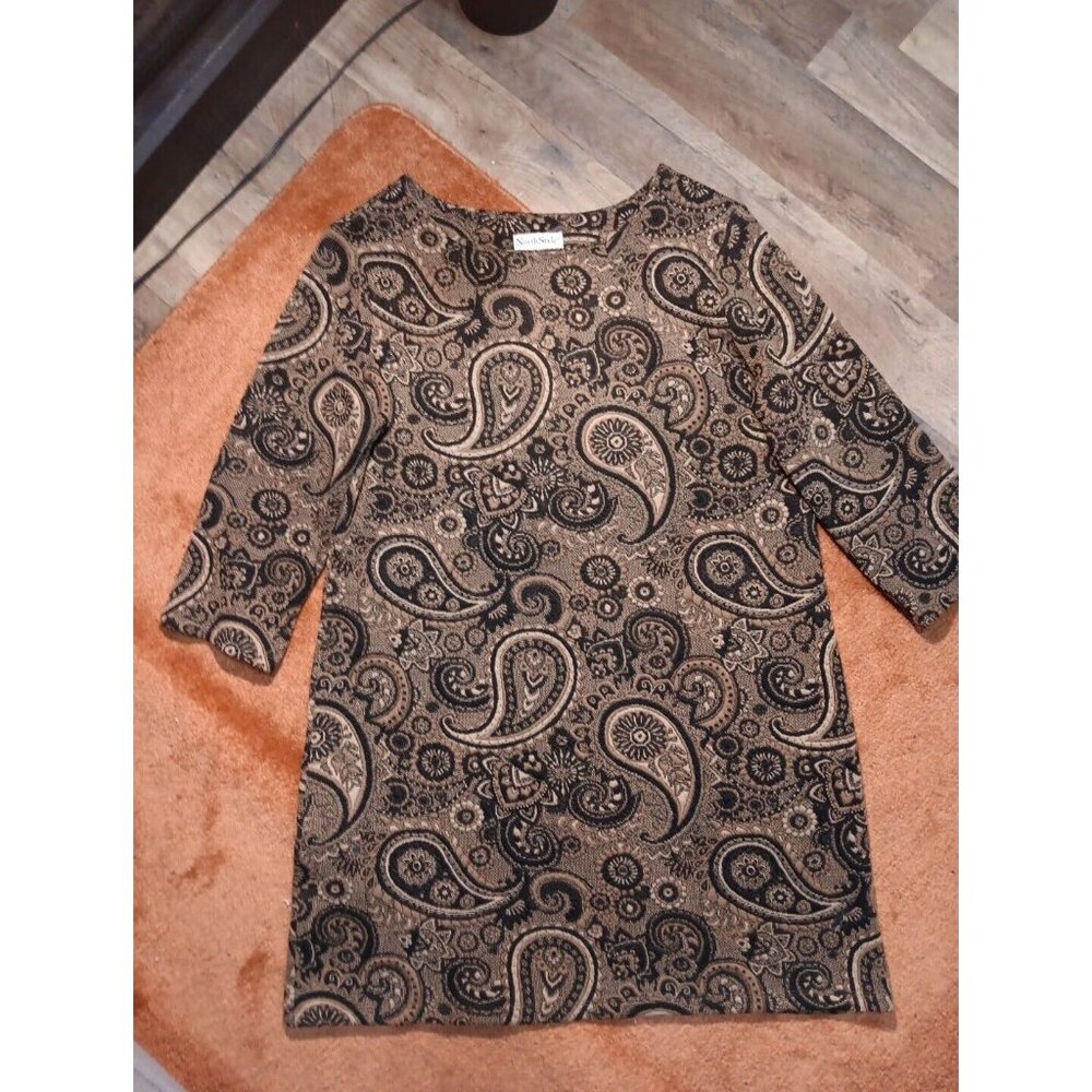North‎ Style Black Tan Brown Knit Shift Bohemian Dress Tapestry Paisley L